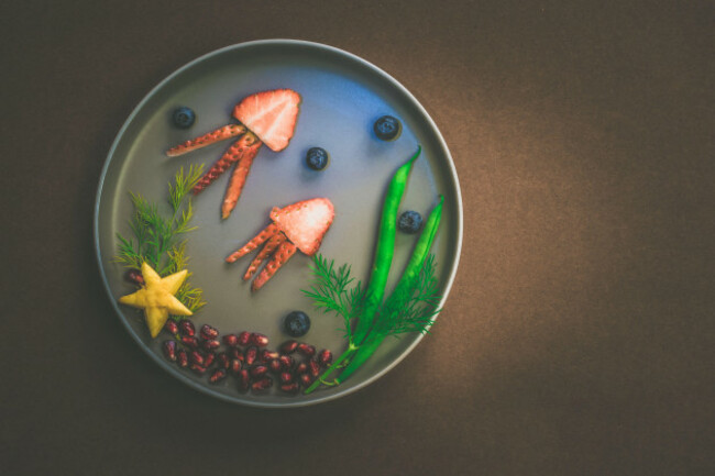 jellyfish-green-plants-and-starfish-in-sea-world-from-strawberries-blackberries-beans-and-pomegranate-isolated-colorful-food-ideas-on-plate-with-b