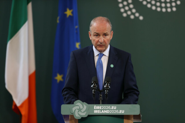 taoiseach-micheal-martin-speaking-during-a-press-conference-in-the-main-quadrangle-at-university-college-cork-as-ireland-begins-its-presidency-of-the-eu-council-picture-date-friday-july-3-2026