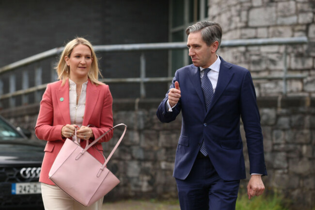tanaiste-simon-harris-right-and-irish-minister-for-foreign-affairs-helen-mcentee-arrive-to-speak-to-members-of-the-media-at-university-college-cork-as-ireland-begins-its-presidency-of-the-eu-council