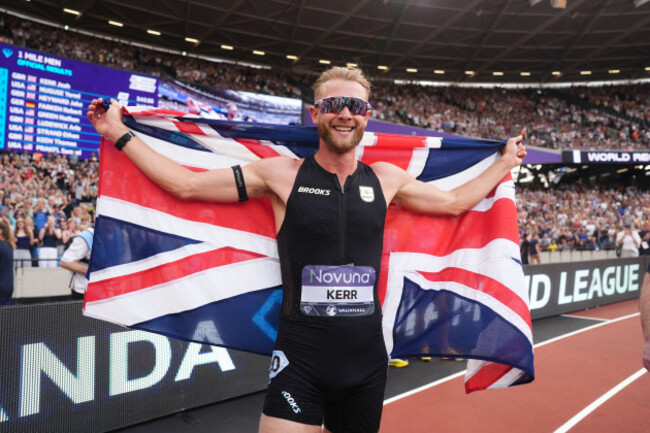 great-britains-josh-kerr-celebrates-after-winning-and-breaking-a-world-record-in-the-mens-1-mile-final-during-the-novuna-london-athletics-meet-at-the-london-stadium-picture-date-saturday-july-18-2