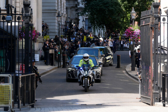 the-car-carrying-outgoing-prime-minister-sir-keir-starmer-leaving-downing-street-london-on-it-way-to-buckingham-palace-labour-leader-andy-burnham-will-today-be-confirmed-as-the-new-prime-minister