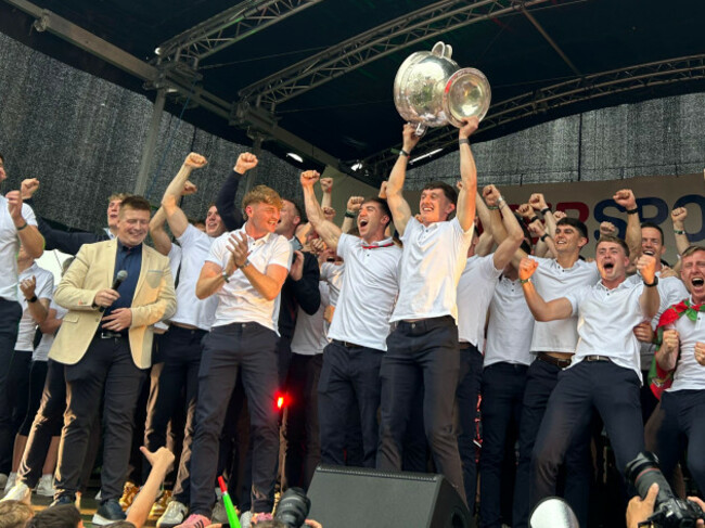 mayo-gaelic-football-players-celebrate-with-sam-maguire-trophy-during-a-homecoming-celebration-at-machale-park-stadium-in-castlebar-co-mayo-after-they-won-the-all-ireland-senior-football-championshi