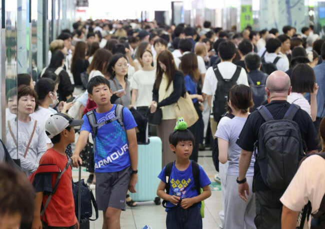 a-photo-shows-a-crowded-jr-hakata-station-where-operations-on-the-kyushu-shinkansen-line-were-suspended-due-to-an-earthquake-in-fukuoka-city-fukuoka-prefecture-japan-on-july-28-2026-a-magnitude