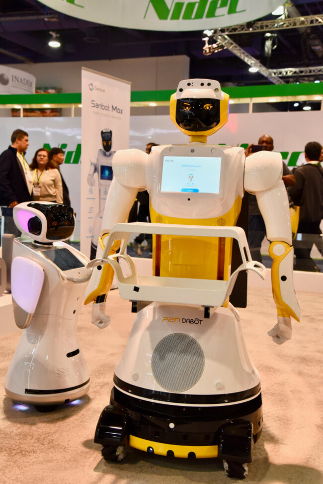 sanbot-max-robots-standing-and-offered-as-service-robots-on-display-at-ces-las-vegas-usa