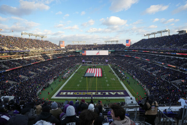 baltimore-maryland-jan-20-a-general-overall-view-of-a-united-states-flag-on-the-field-during-the-playing-of-the-national-anthem-before-the-afc-divisional-playoff-game-between-the-houston-texans-and