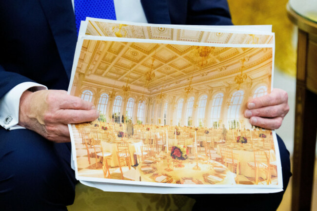washington-dc-usa-22nd-oct-2025-united-states-president-donald-j-trump-holds-a-mockup-of-the-white-house-ballroom-as-he-meets-mark-rutte-secretary-general-of-the-north-atlantic-treaty-organizat