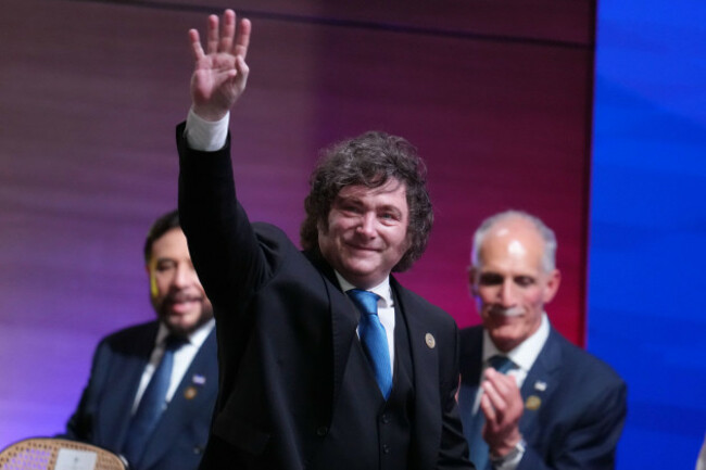argentinas-president-javier-milei-arrives-for-the-inauguration-of-colombias-president-abelardo-de-la-espriella-in-cali-colombia-friday-aug-7-2026-ap-photomatias-delacroix