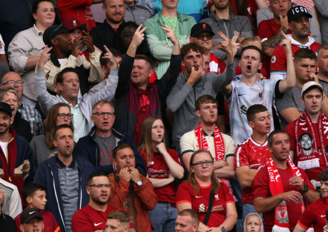 leicester-uk-30th-july-2022-some-liverpool-fans-boo-and-stick-fingers-up-during-the-singing-of-the-national-anthem-at-the-fa-community-shield-match-liverpool-v-manchester-city-at-king-power-stadi