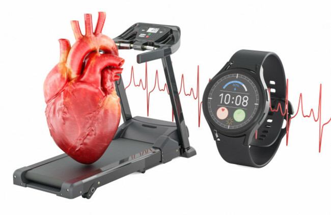 heart-health-monitoring-with-treadmill-and-smartwatch-3d-rendering-isolated-on-white-background