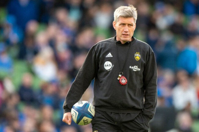 dublin-ireland-13th-apr-2024-the-stade-rochelais-head-coach-ronan-ogara-with-the-ball-during-the-investec-champions-cup-quarter-final-match-between-leinster-rugby-and-stade-rochelais-at-aviva-st