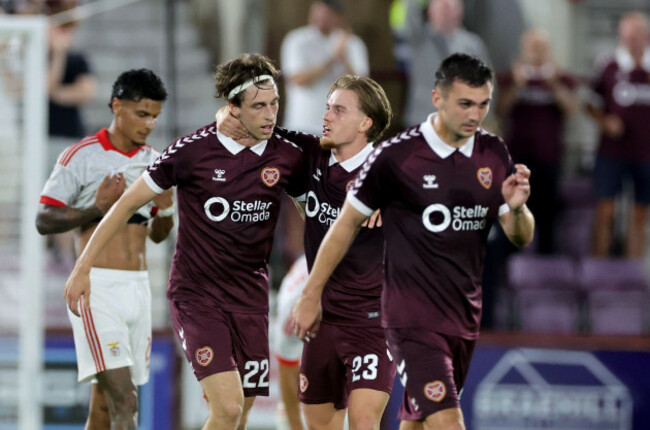 hearts-tomas-magnusson-left-celebrates-with-jordi-altena-after-scoring-his-sides-first-goal-during-the-europa-league-qualifying-match-at-the-tynecastle-park-edinburgh-picture-date-thursday-augus