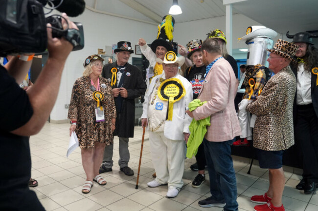 the-monster-raving-loony-party-arrive-for-the-clacton-by-election-count-at-clacton-leisure-centre-in-essex-the-by-election-was-triggered-by-local-mp-and-reform-uk-leader-nigel-farage-quitting-in-prot