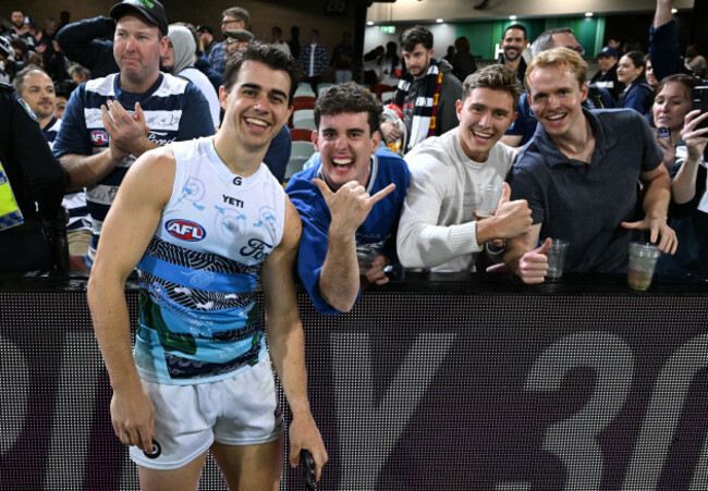 brisbane-australia-14th-may-2026-oisin-mullin-of-the-cats-celebrates-winning-with-fans-during-the-afl-round-10-match-between-the-brisbane-lions-and-the-geelong-cats-at-the-gabba-in-brisbane-thurs