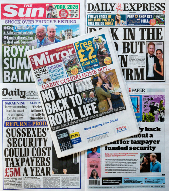 21-august-2026-a-selection-of-british-newspaper-front-pages-give-their-views-on-the-duke-duchess-of-sussexs-plans-to-return-to-the-uk