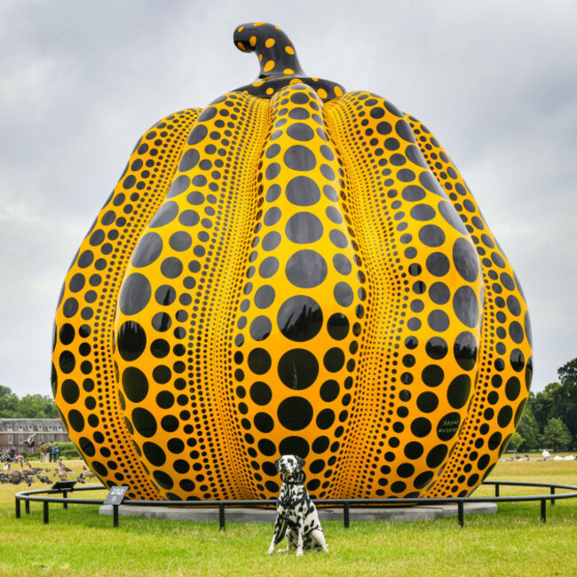 london-uk-09th-july-2024-sofia-a-nearly-three-year-old-dalmatian-dog-happily-poses-by-the-sculpture-before-enjoying-a-walk-in-the-park-with-her-owner-this-large-scale-sculpture-pumpkin-2024