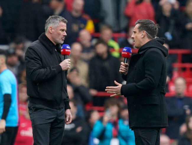 liverpool-uk-9th-apr-2023-former-players-and-rivals-jamie-carragher-and-gary-neville-now-sky-sports-pundits-broadcast-from-on-the-pitch-before-the-premier-league-match-at-anfield-liverpool-pictu