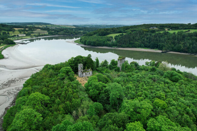 aerial-view-of-the-templemichael-church-and-castle-in-county-waterford-ireland