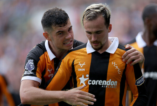 eliot-matazo-and-liam-millar-of-hull-city-celebrate-1st-goal-during-the-premier-league-202627-match-between-coventry-city-and-hull-city-at-the-coventry-building-society-arena-on-august-29-2026-in-co