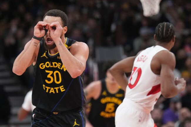 toronto-canada-13th-jan-2025-golden-state-warriors-guard-stephen-curry-30-reacts-after-scoring-during-second-half-nba-basketball-action-against-the-toronto-raptors-in-toronto-monday-jan-13