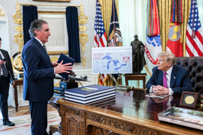 president-donald-j-trump-speaks-with-deputy-chief-of-staff-stephen-miller-secretary-of-the-interior-doug-burgum-and-others-before-announcing-the-renaming-of-lake-ontario-to-lake-america-thursday