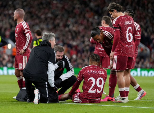 liverpools-bradley-barcola-receives-treatment-for-an-injury-during-the-uefa-champions-league-league-phase-match-at-anfield-liverpool-picture-date-wednesday-september-9-2026