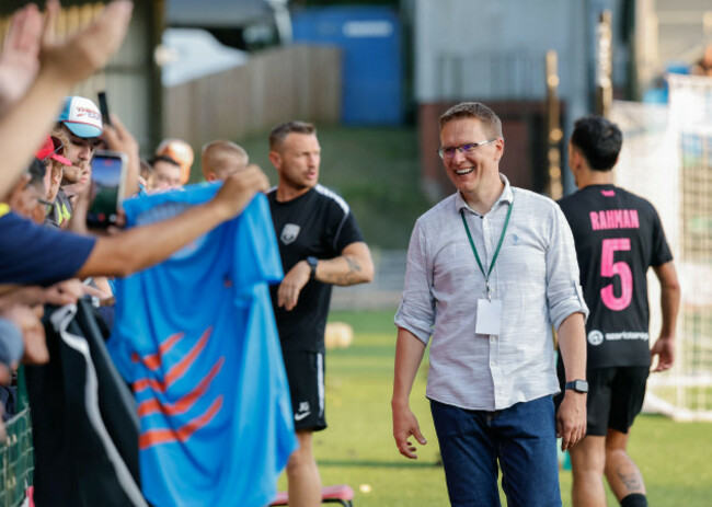 park-hall-stadium-oswestry-shropshire-england-14th-july-2026-valdas-dambrauskas-manager-of-sabah-fk-celebrates-the-full-time-result-with-fans-following-the-uefa-champions-league-202627-first-qu