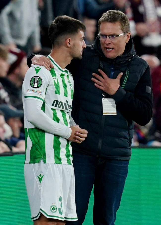 omonia-nicosia-manager-valdas-dambrauskas-right-speaks-with-substitute-fotis-kitsos-before-he-enters-the-field-during-the-uefa-europa-conference-league-group-stage-match-at-tynecastle-park-edinburg