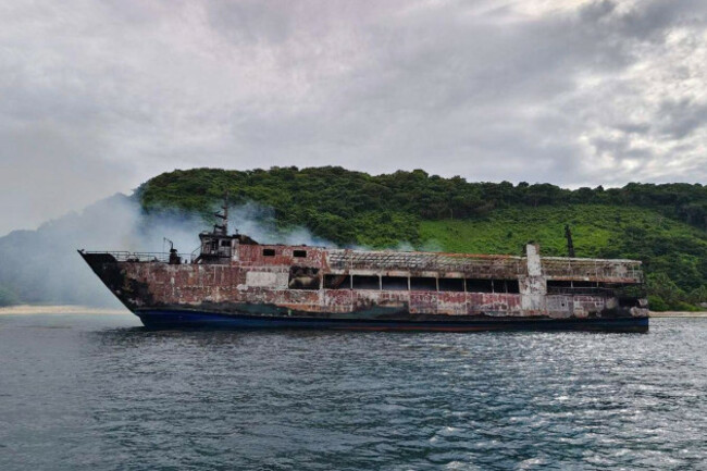 this-photo-provided-by-the-philippine-coast-guard-shows-remains-of-ferry-mv-june-aster-that-caught-fire-off-palawan-province-western-philippines-on-thursday-sept-10-2026-philippine-coast-guard-v