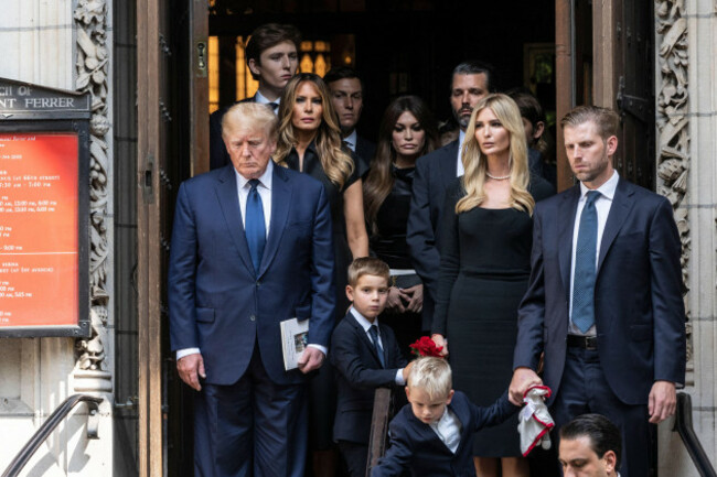 new-york-ny-july-20-2022-former-president-donald-trump-melania-trump-barron-trump-jared-kushner-kimberly-guilfoyle-donald-trump-jr-ivanka-trump-eric-trump-leave-funeral-service-for-ivana-t