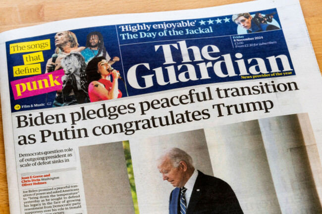 8-november-2024-headline-in-the-guardian-reads-biden-pledges-peaceful-transition-as-putin-congratulates-trump
