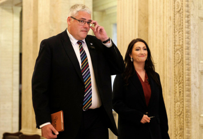 dup-leader-gavin-robinson-mp-and-deputy-first-minister-emma-little-pengelly-ahead-of-speaking-to-the-media-at-parliament-buildings-stormont-in-belfast-picture-date-monday-june-8-2026