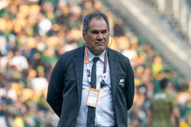 ipa88495599-all-blacks-head-coach-dave-rennie-watches-during-the-warm-up-ahead-of-the-south-africa-vs-new-zealand-rugbys-greatest-rivalry-3rd-test-at-the-fnb-stadium-in-johannesburg-south-africa