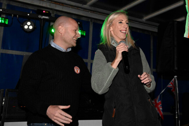 legal-advisor-to-the-orange-order-and-spokesperson-jamie-bryson-and-dup-mp-carla-lockhart-speaking-during-a-drumcree-family-support-event-at-edgarstown-estate-portadown-co-armagh-picture-date-wedn