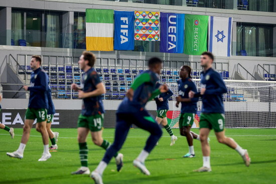 a-view-of-the-ireland-and-israel-flags-during-the-warm-up-ahead-of-the-match