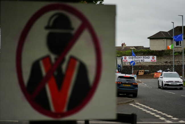 flags-and-posters-at-the-garvaghy-road-now-on-the-eighth-day-of-a-standoff-orangemen-have-tried-numerous-times-to-begin-a-march-but-the-road-remains-blocked-by-residents-picture-date-sunday-octobe
