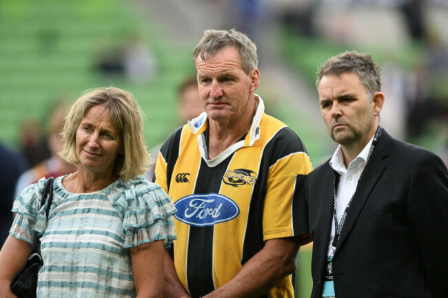 melbourne-australia-03rd-mar-2024-robyn-barrett-kevin-barrett-and-hurricanes-ceo-avan-lee-look-on-during-a-presentation-celebrating-jordie-barrett-of-the-hurricanes-100-game-milestone-during-the