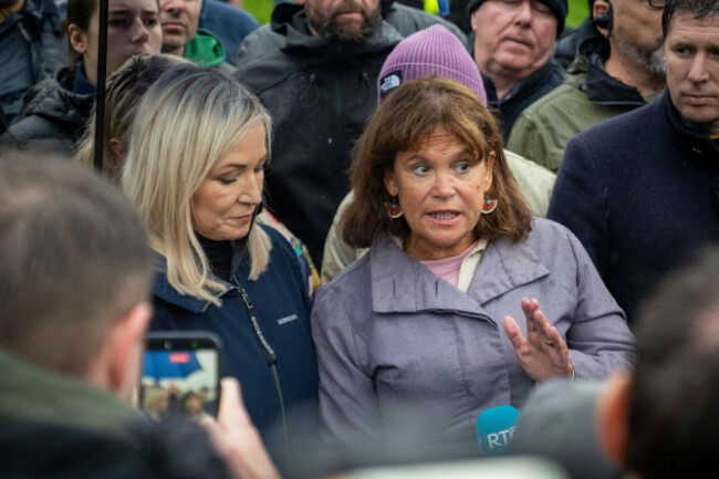 portadown-northern-ireland-27-september-2026-sinn-fein-vice-president-and-first-minister-michelle-oneill-and-sinn-fein-president-mary-lou-mcdonald-speak-during-a-protest-against-a-planned-march-by