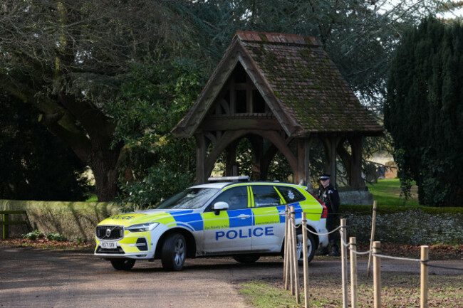 a-police-car-at-the-entrance-to-he-sandringham-estate-in-norfolk-where-andrew-mounbatten-windsor-has-relocated-following-his-departure-from-royal-lodge-in-windsor-andrew-mountbatten-windsor-was-arre