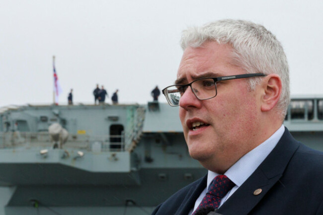 dup-leader-gavin-robinson-mp-speaks-to-the-media-at-belfast-cruise-terminal-following-a-visit-to-hms-queen-elizabeth-about-a-psni-investigation-into-alleged-offences-linked-to-the-drumcreegarvaghy