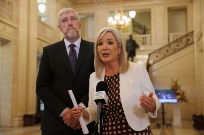 first-minister-michelle-oneill-and-john-odowd-mla-speaking-to-the-media-during-a-press-conference-in-the-great-hall-at-parliament-buildings-stormont-belfast-after-concerns-were-raised-that-the-g
