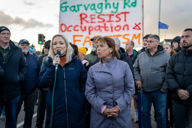 portadown-northern-ireland-27-september-2026-sinn-fein-vice-president-and-first-minister-michelle-oneill-and-sinn-fein-president-mary-lou-mcdonald-speak-during-a-protest-against-a-planned-march-by