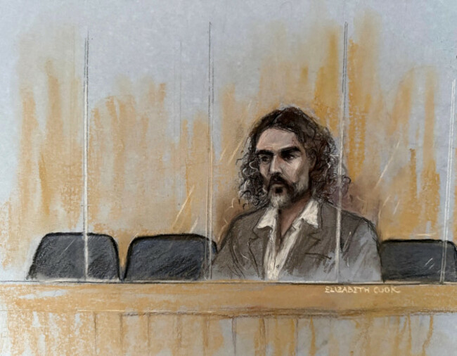 court-artist-sketch-by-elizabeth-cook-of-russell-brand-appearing-in-the-dock-during-jury-selection-at-southwark-crown-court-london-where-he-faces-three-charges-of-rape-indecent-assault-and-three-c
