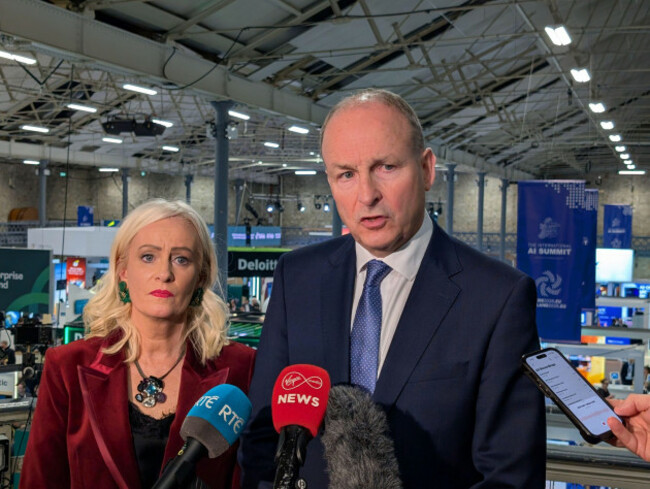 left-to-right-minister-of-state-for-artificial-intelligence-niamh-smyth-and-taoiseach-micheal-martin-speak-to-the-media-during-the-governments-international-artificial-intelligence-summit-at-the-rd