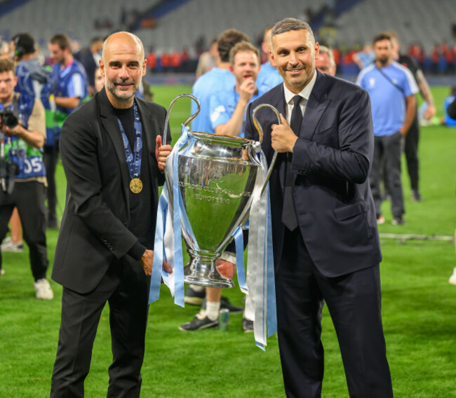 london-uk-30th-sep-2026-pep-guardiola-and-manchester-city-chairman-khaldoon-al-mubarak-celebrate-with-the-champions-league-trophy-after-the-final-in-istanbul-manchester-city-have-been-found-guilt