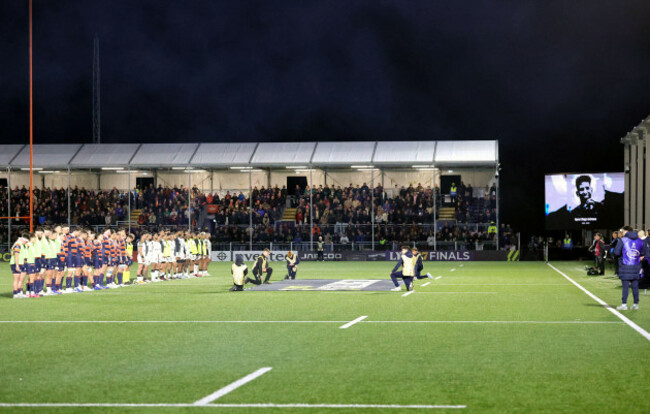 players-observe-a-minutes-silence-for-hyron-andrews-ahead-of-the-epcr-challenge-cup-first-round-match-at-the-hive-stadium-edinburgh-hyron-andrews-died-following-a-fall-while-away-with-his-lions-te