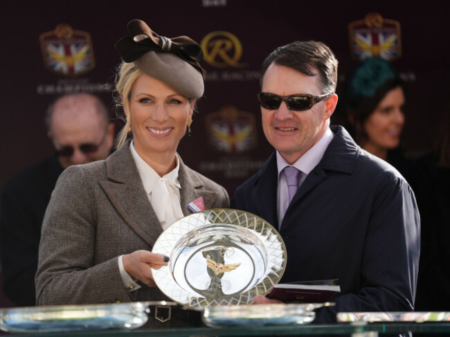 zara-tindall-presents-winning-trainer-aiden-obrien-with-his-trophy-after-ryan-moore-rode-minnie-hauk-to-win-the-qatar-racing-british-champions-sprint-stakes-group-1-at-ascot-racecourse-berkshire