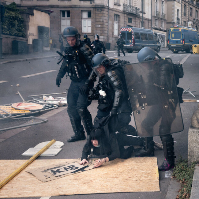 rennes-france-17th-oct-2026-rennes-france-october-17-2026-demonstrators-take-to-the-streets-of-rennes-during-a-protest-bringing-together-high-school-students-yellow-vest-activists-and-trade