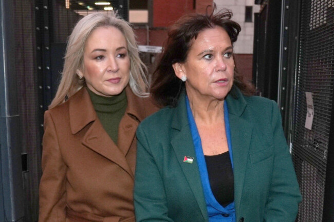 first-minister-michelle-oneill-and-sinn-fein-president-mary-lou-mcdonald-leave-musgrave-st-police-station-in-belfast-after-an-interview-with-the-police-service-of-northern-ireland-psni-about-their