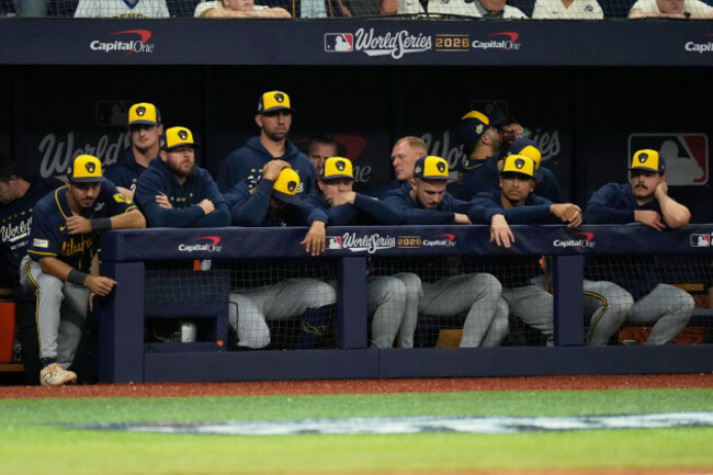 members-of-the-milwaukee-brewers-watch-during-the-first2-inning-of-game-4-of-baseballs-world-series-wednesday-oct-28-2026-in-st-petersburg-fla-between-the-milwaukee-brewers-and-the-tampa-bay