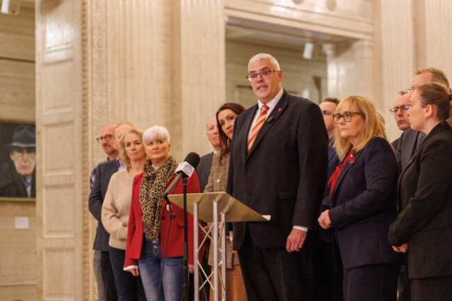 dup-leader-gavin-robinson-centre-with-deputy-first-minister-emma-little-pengelly-left-of-centre-and-party-colleagues-speak-to-the-media-during-a-press-conference-at-parliament-buildings-stormont